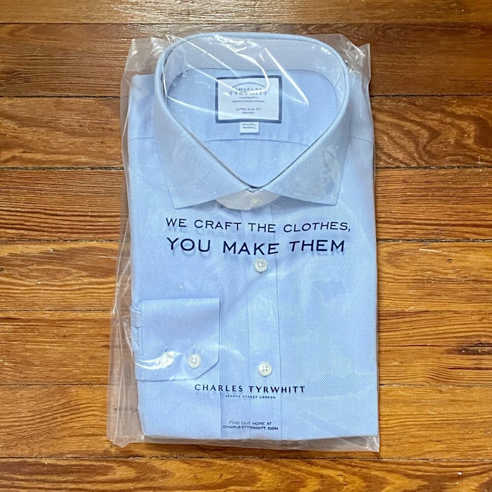 Charles Tyrwhitt ESF Cutaway Collar Non-Iron Herringbone Shirt NWT - Picture 7 of 12